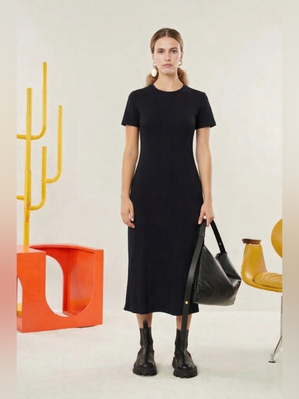 Simon Miller Drigg Ribbed T-Shirt Midi Dress in Black Sz:4/XL